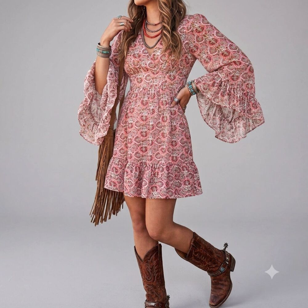 Boho Pink Floral V-Neck Ruffle Mini Dress